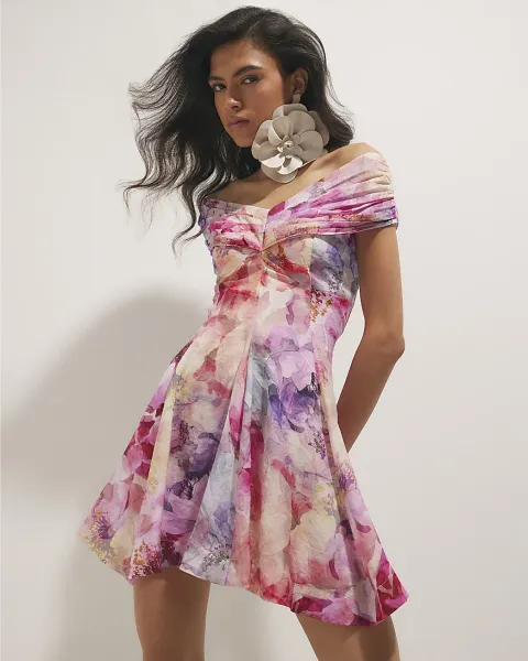 River Island Floral Print Bardot Mini Dress