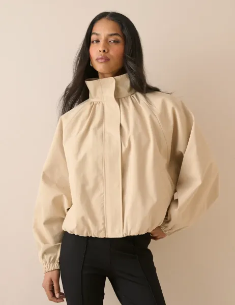 Pure Cotton Balloon Sleeve Funnel Neck Jacket Beige