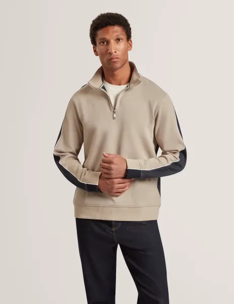 Ted Baker Cotton Blend Zip Up Long Sleeve Polo Shirt Taupe