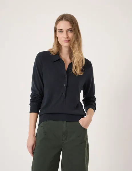 HUSH Merino Blend Long Sleeve Polo Top Navy