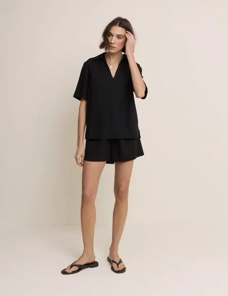 Nobody's Child Linen Rich Collared V-Neck T-Shirt Black