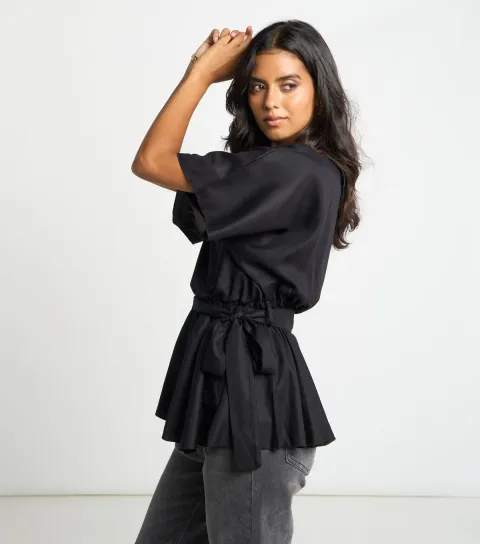 ARCH Women's Black Draped Peplum Batwing Top