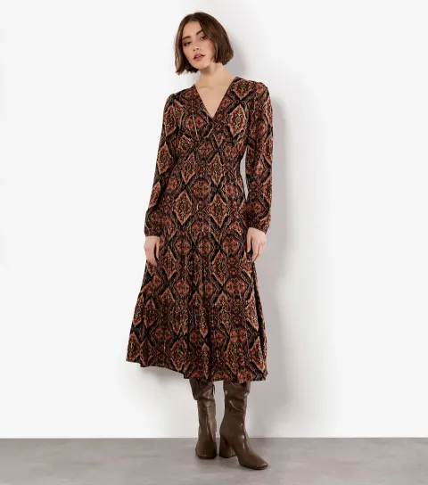 Women's Black Empire Line Smocked Printed Dress