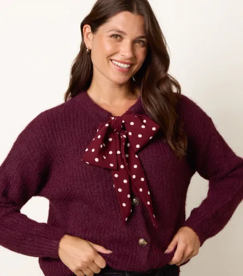Women's Dark Burgundy Bow Detail Knitted Cardigan
