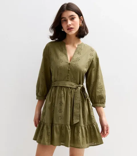 New Look Women's Khaki Broderie Angalise Mini Dress