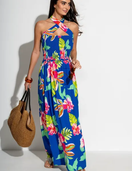 Pour Moi Zoey Floral Maxi Shirred Beach Dress Blue Mix
