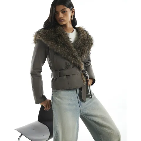 River Island Faux Fur Shawl Hood Belted Jacket