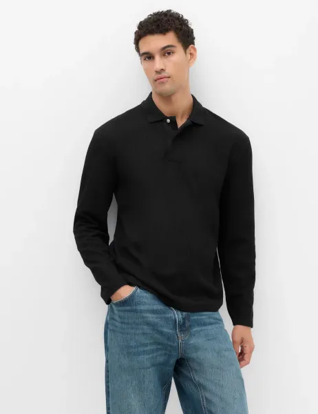 Marks & Spencer Cotton Blend Ribbed Long Sleeve Polo Shirt Black
