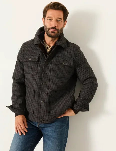 FatFace Wool Blend Checked Barn Jacket Grey Mix