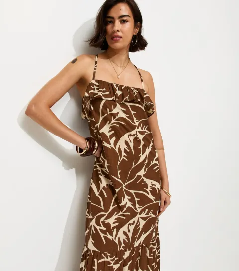 Women's Brown Leaf Pattern Strappy Ruffle Midi Dress