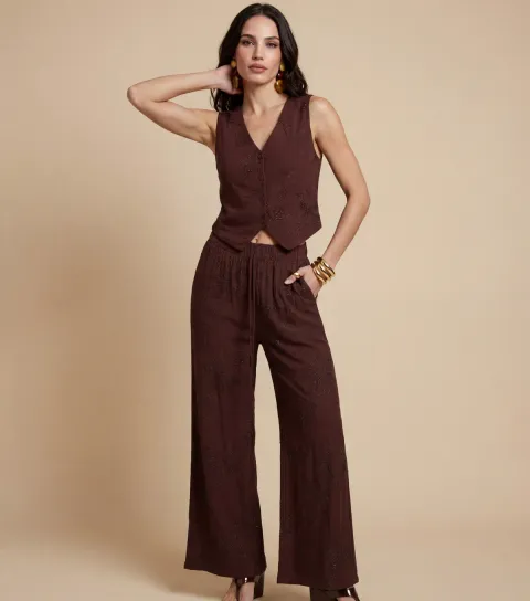 Women's Brown Floral Embellished Wide Leg Trousers