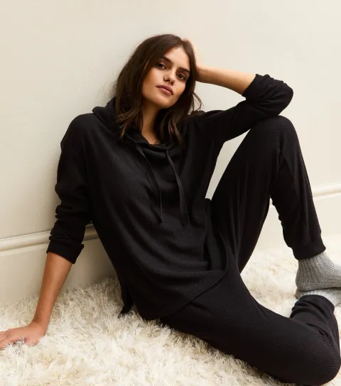 New Look Women's Black Brushed Rib Tapered Trousers
