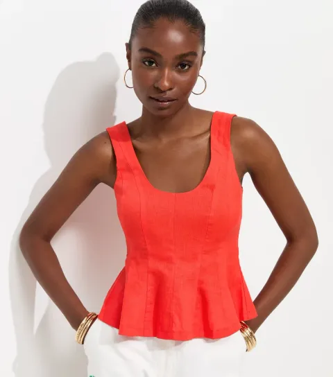 Women's Bright Red Linen Rich Scoop Neck Sleeveless Top