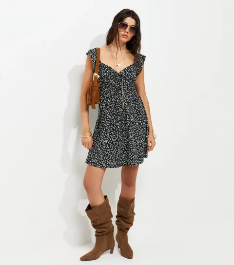 Women's Black Frill Trim Daisy Print Mini Dress