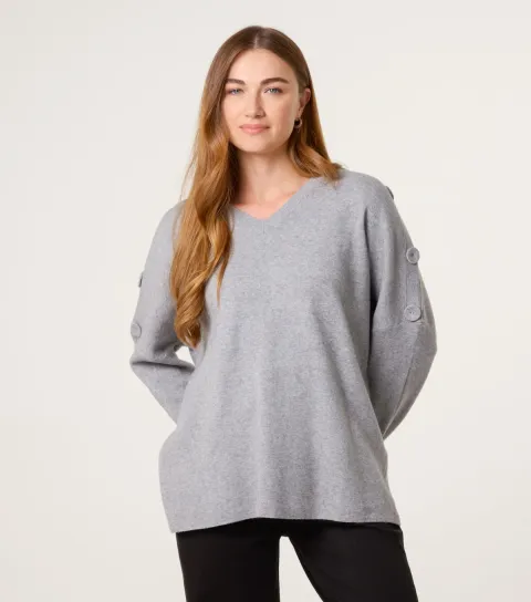Women's Light Grey V Neck Button Detail Jumper