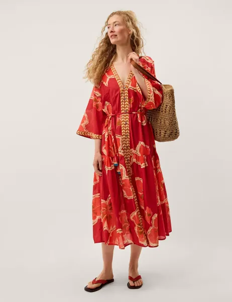 Monsoon Pure Cotton Printed V-Neck Midaxi Kaftan Dress Pink Mix