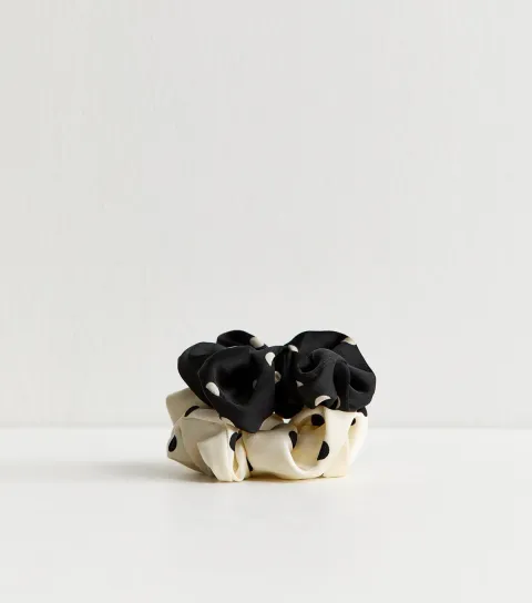 Pack Of 2 Cream and Black Polka Dot Scrunchies