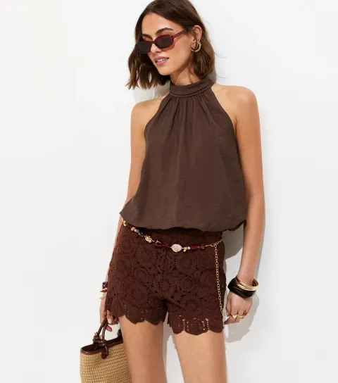 Women's Dark Brown Tie Neck Cropped Bubble Hem Blouse