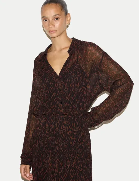 Jigsaw Sheer Leopard Print Button Through Shirt Brown Mix