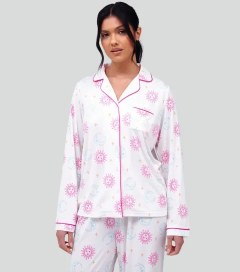 Women's White Celestial Print Long Sleeve Shirt and Trousers Pyjama Set