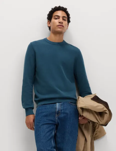 Pure Cotton Textured Crew Neck Jumper Chambray
