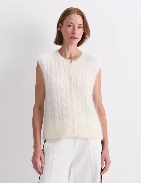 Sportscraft Mohair Blend Cable Knit Button Through Vest Cream