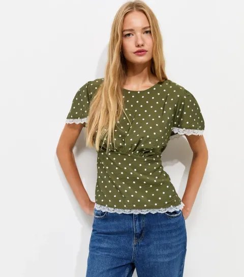 Women's Green Spot Print Lace Trim Blouse