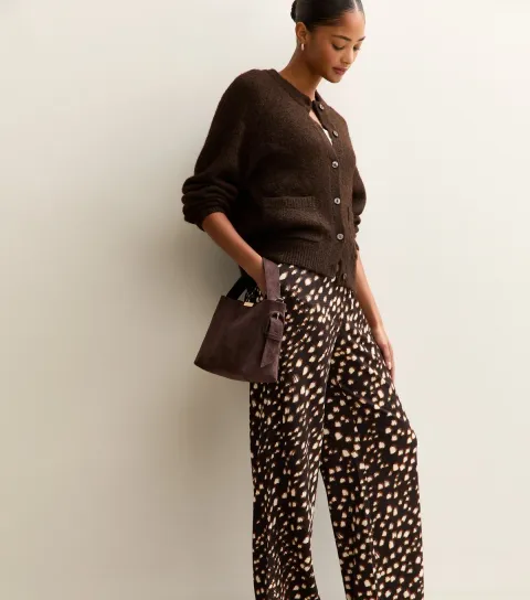Women's Brown Abstract Print Textured Wide Leg Trousers