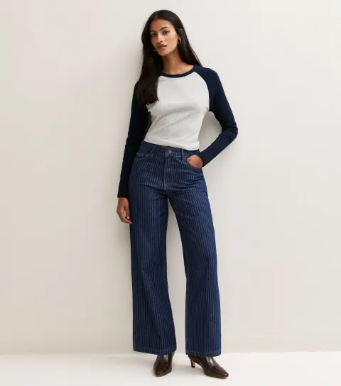 New Look Women's Petite Blue Cotton Pinstripe Denim Adalae Bootcut Jeans