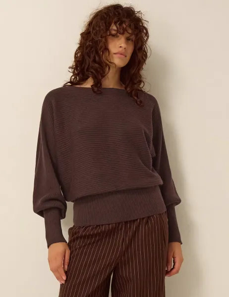 Monsoon Textured Slash Neck Jumper with Wool Chocolate