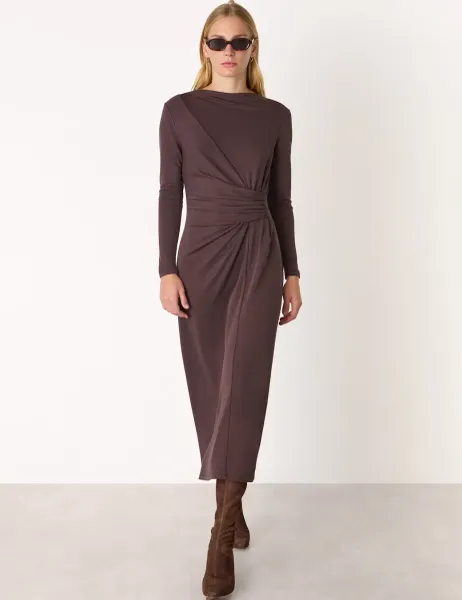 Whistles Jersey Ruched Midi Waisted Dress Chocolate