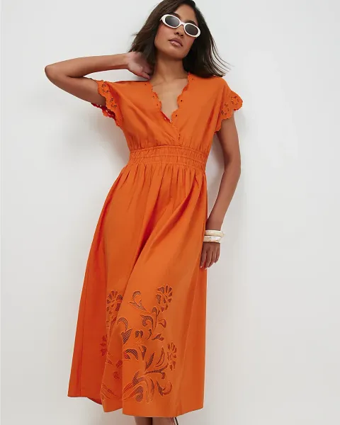 River Island Cotton Embroidered Midi Dress