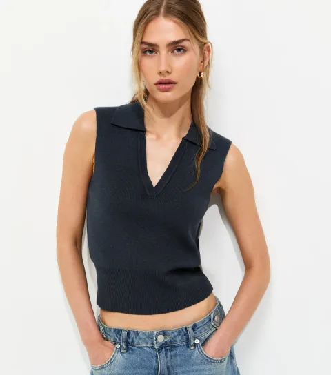 Women's Navy Compact Knit Sleeveless Polo Vest Top