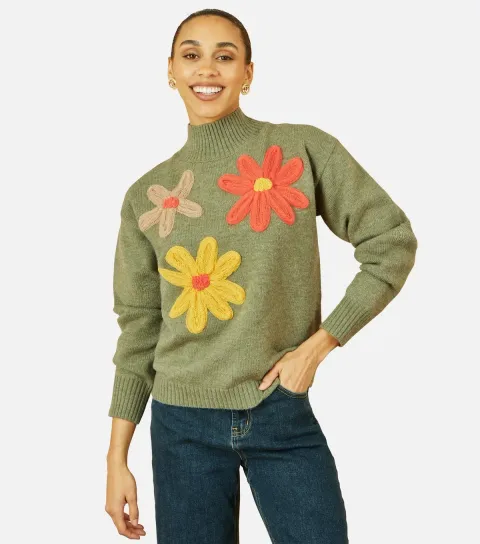 Women's Green Floral Appliqued Jumper