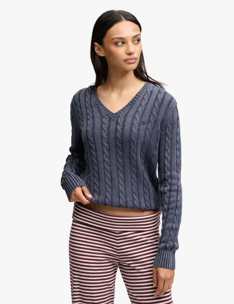 Superdry & Co Pure Cotton Cable Knit V-Neck Jumper Navy