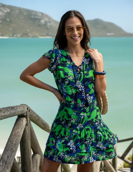 Pour Moi Gracie Crinkle Frill Swing Beach Dress Navy Mix