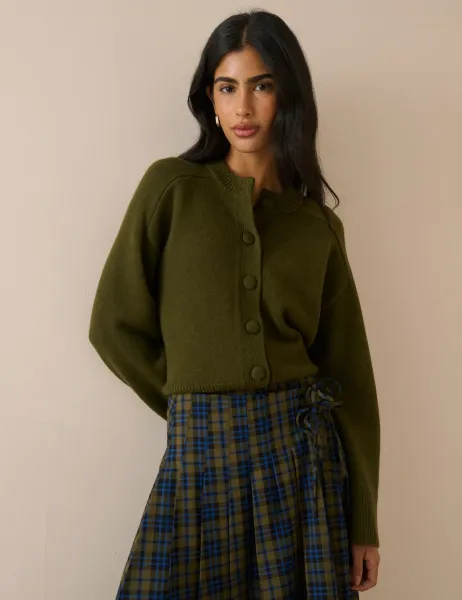 Nobody's Child Pure Wool Button Front Relaxed Cardigan Green