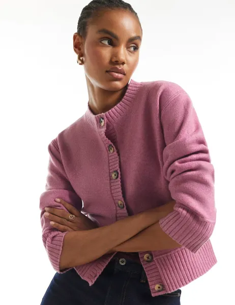 River Island Crew Neck Button Front Relaxed Cardigan Pink