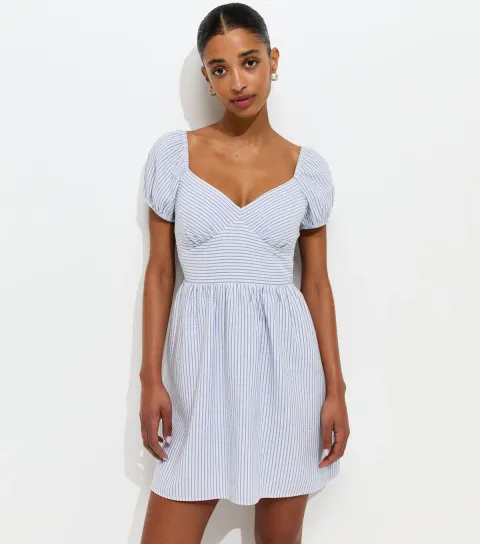 Women's Blue Striped V-Neck Puff Sleeve Mini Dress