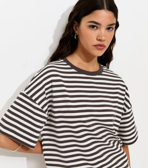 Women's Brown Cotton Rich Striped Oversized Boxy T-Shirt