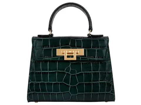 Fonteyn Midi Orinoco 'Croc' Print Calf Leather Handbag - Dark Green 2