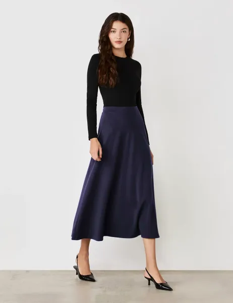 Finery London Jersey Midi A-Line Skirt Navy