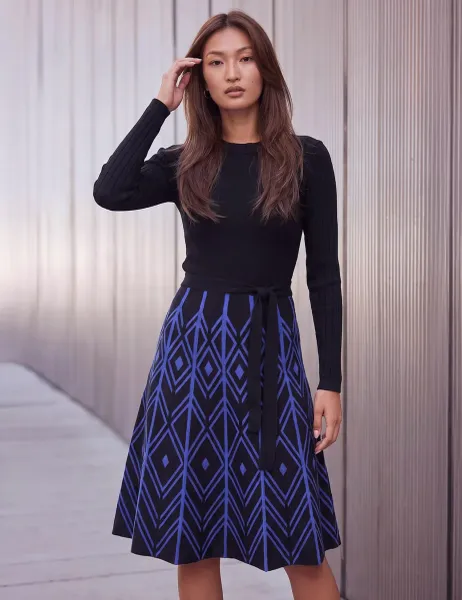 Roman Chevron Print Belted Knit Dress Royal Blue