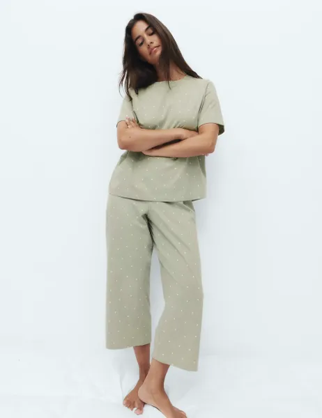 Marks & Spencer Cotton Rich Printed Cropped Pyjama Set Soft Green