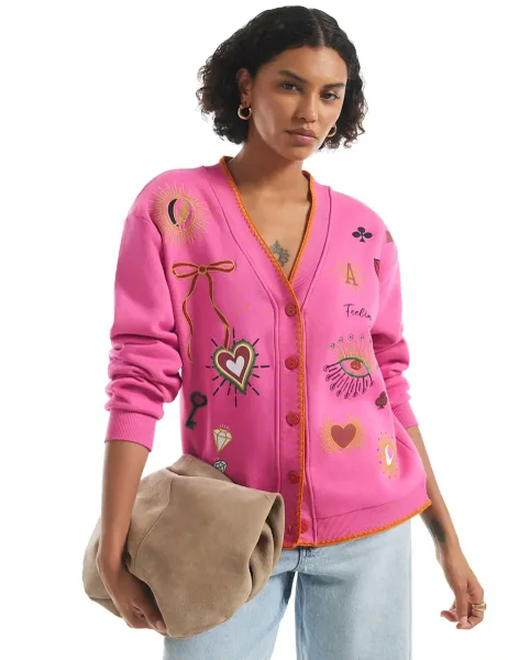 River Island Quirky Embroidered Sweatshirt Cardigan Pink Mix