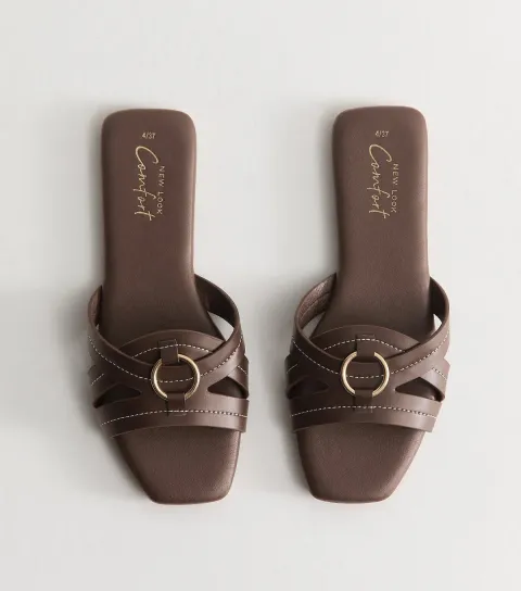 Women's Brown Faux Leather Contrast Stitch Hardware Detail Flat Sandals Vegan