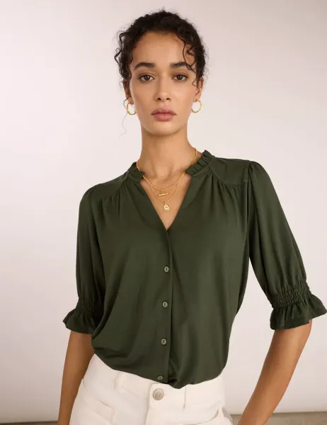 BAUKJEN Cotton Rich V-Neck Button Through Blouse
