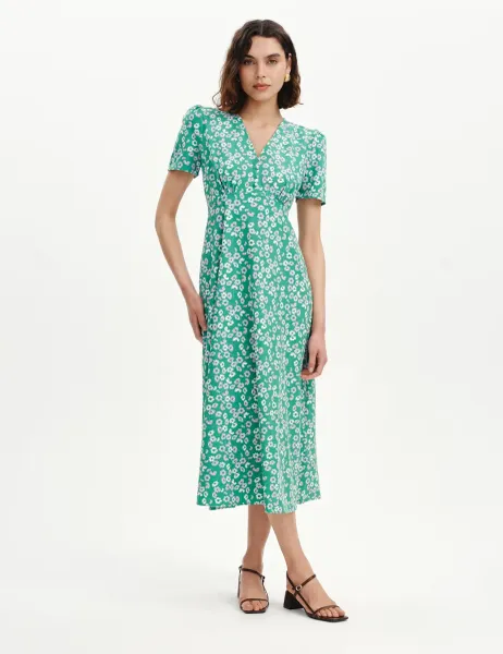 Finery London Floral V-Neck Midi Tea Dress Green Mix