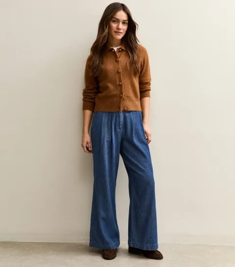Women's Petite Blue Denim Pleated Wide Leg Trousers