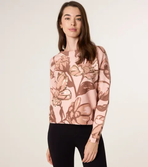 Women's Pink Embellished Floral Jumper
